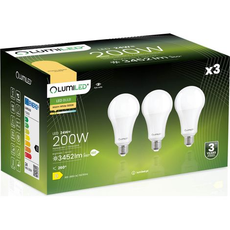 3x LED-Lampe E27 A60 24W = 200W 3452lm 3000K Warmweiß 260° LUMILED