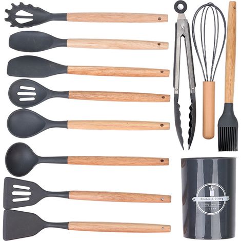 Ustensiles De Cuisine - Silicone Alimentaire Et Bois - Résistant Jusqu'à 230 ℃ - Antiadhésif Anti-rayures - 12 Pièces (1/5)