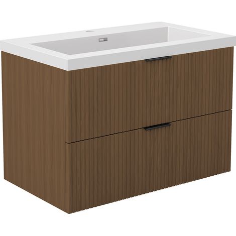 Ocean Meuble de Salle de Bain 79cm Noyer avec 2 Tiroirs + vasque Pierre Reconstituée (1/5)