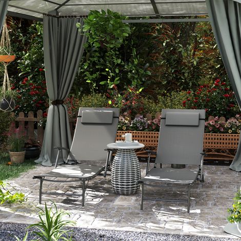 Ensemble 2 fauteuils jardin pliants dossier réglable à 4 niveaux coussin - Couleur: Gris (1/4)