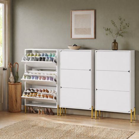 Zapatero de 3 puertas 73 x 24 x 120 cm en MDF blanco con patas doradas HAVRYA (1/5)