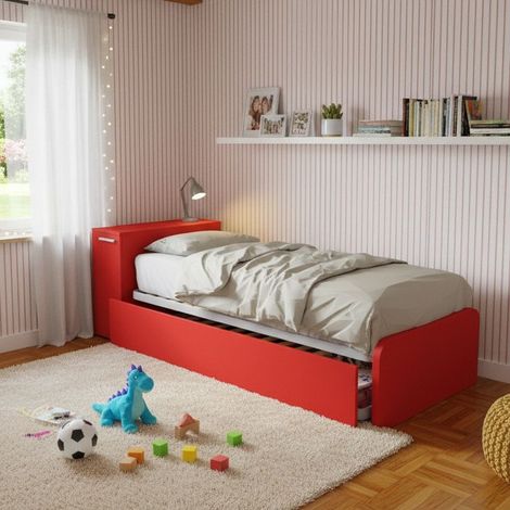 Letto singolo con secondo letto estraibile e testata testiera contenitiva - 80x190 - Rosso