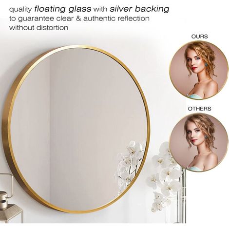 Miroir mural, Ohjijinn Miroir circulaire pour mur, miroir rond mural de 60 cm avec cadre en aluminium brossé doré pour entrée, salle de bain, salle de bain, salon, chambre à coucher (1/4)
