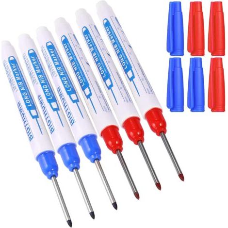 6pcs Marqueurs Trou Profond, Marqueur Charpentier, Stylo Marqueur Indélébile à Pointe Fine de 30 mm, Feutre Permanent pour des Marquages à des Endroits Difficiles d'Accès (Bleu Rouge) (1/5)