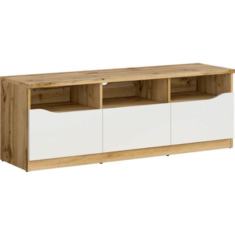 Meuble TV avec 3 tiroirs, coloris chêne Wotan/blanc brillant - Longueur 135 x Profondeur 39,5 x Hauteur 47,5 cm (1/5)