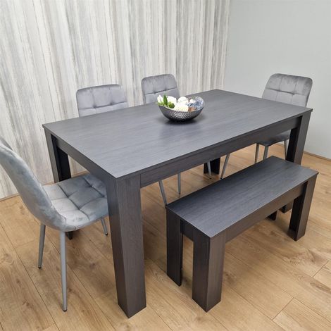 Dining Table and 4 Chairs With Bench Black Dark Grey 4 Grey Velvet Chairs Wooden Bench Wood Dining Set Furniture (1/5)