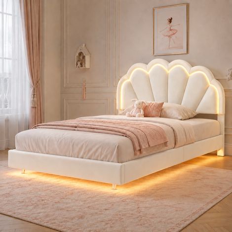 Cama flotante 140x200 cm con LED RGB, cabecero de diseño ondulado, estilo romántico tapizado en terciopelo, somier de láminas, Beige (1/5)