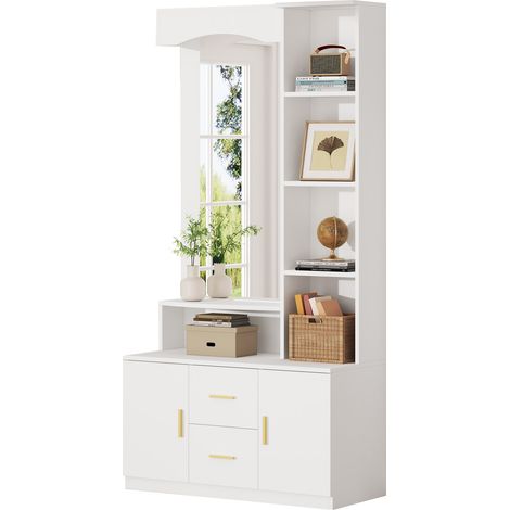Scarpiera 90x40x180cm specchio grande ripiani decativi due ante due cassetti salvaspazio MDF bianco per ingresso (1/5)