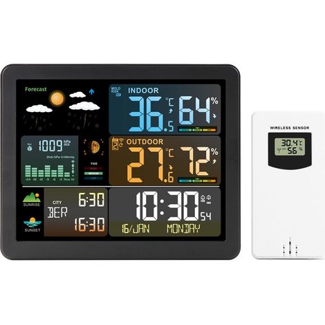 Station météo, Station météo intelligente FJ3566M avec horloge Compteur de température et d'humidité intérieure et extérieure Multifonctionnel Grand écran couleur Horloge météo Jauge de température (1/5)