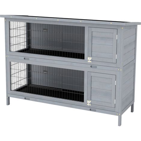 Cage à lapin en bois 2 étages, toit en bitume, plateau de fond et portes, adaptée aux petits animaux, 136,4 x 50 x 93 cm, gris (1/5)