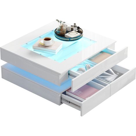 Mesa de Centro Cuadrada con 3 Cajones y LED Controlable por Aplicación Tapa de Vidrio Acabado Brillante Blanca 70 × 70 × 35 cm (1/5)