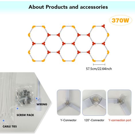 370W LED Hexagon-Lichtsystem, Ultrahelle Garagenbeleuchtung, Modulare Deckenleuchte für Autoaufbereitung, Car Detailing und Werkstatt