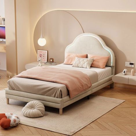 Lit Rembourré 90x200cm Tête de lit nuage LED multicolore - Lit simple - Velours beige doux, sommier à lattes en bois, pour enfant (1/5)