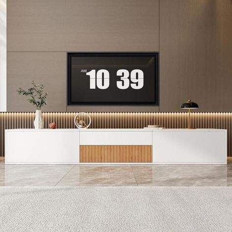 Meuble TV - KOMHTOM - 180x34x30 cm - Plateau escamotable projecteur - Blanc - PB (panneau de particules) (1/5)