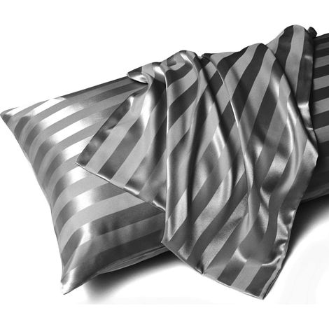 Filiyano – oreiller rayées en satin – (Gris foncé) 1 paire de taies d'oreiller rayées en satin 51 x 76 cm, pour le soin des cheveux et de la peau, lot (1/5)