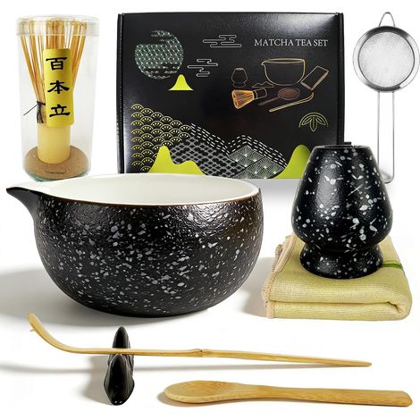 Kit Complet Pour Matcha En Bambou Et Céramique – Comprend Fouet, Bol À Bec Verseur, Support, Cuillère Et Tamis, Idéal Pour La Cérémonie Du Thé Japonaise Ou En Cadeau Raffiné Pour Les Amateurs De Thé (1/5)