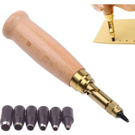 Lot de 6 perforatrices automatiques, perforatrices, perforatrices, perforatrices, perforatrices pour cuir, cuir, 6 tailles : 1,5 mm, 2 mm, 2,5 mm, 3 mm, 3,5 mm, 4 mm, poignée en bois, perforatrice (1/5)