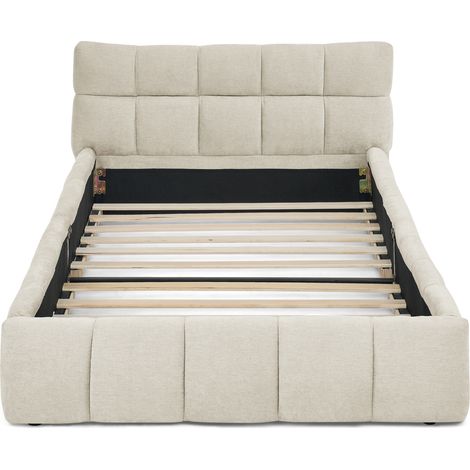 Einzelbett 90 x 200 cm aus beigem Chenille, Eukalyptus-Holz und Eisen, ohne Matratze (1/5)