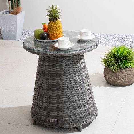 Abrihome Outdoor Dining Table Only – 55cm Round Aluminium Frame, PE Rattan Base, 5mm Tempered Glass (Compatible with 3-Piece Outdoor Dining Set) (1/5)