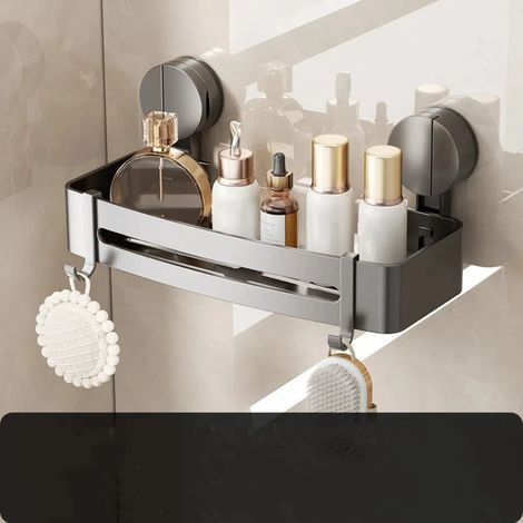 (B) Étagère de douche murale à ventouse en aluminium de qualité, sans perçage, antirouille, pour salle de bain. (1/5)
