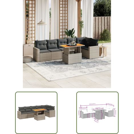 The Living Store 7-tlg. Garten-Sofagarnitur mit Kissen Grau Poly Rattan - Gartenmöbel - Outdoor Möbel - Rattan Gartenset - Lounge Set - Sofasitzgruppe (1/3)