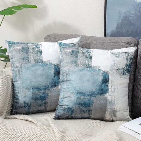 Lot de 2 housses de coussin décoratives 45x45 cm en velours bleu, style campagne, pour canapé. Coussin décoratif esthétique et moelleux, coussin carré pour canapé, coussin d'extérieur. (1/5)