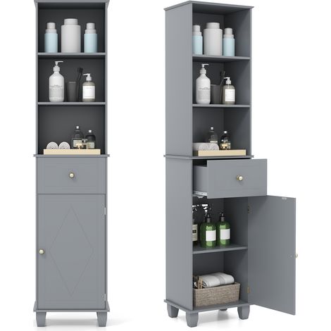 Meuble Haut Salle de Bain, Colonne de Rangement avec 3 Étagères Ouvertes, 1 Tiroir, 1 Placard à Porte, Armoire Salle de Bain, Gain de Place, Gris (1/5)