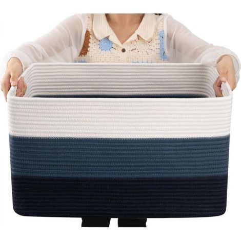 Three-piece black and blue blanket basket set 482823cm: 1 rectangular braided cotton rope basket for baby storage with handle (1/5)