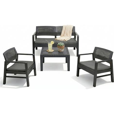 Salon de jardin Extérieur 4 personnes Gris Anthracite Canapé 2 places + 2 fauteuils + Table basse + 4 Coussins KZ GARDEN