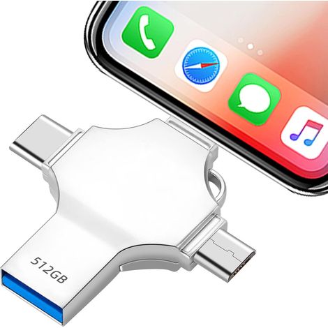 512 GB 4-in-1 USB-Stick, externer USB 3.0-Stick, Speicherkarte aus Metall, 512 GB Fotospeicher für Smartphones/Android/OTG/PC/Tablet/Laptop (1/5)