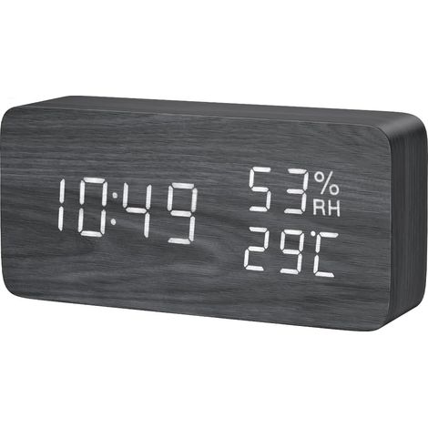 Réveil LED, horloge numérique en bois, réveil multifonction, 3 alarmes séparées, activation vocale et tactile, température (1/5)
