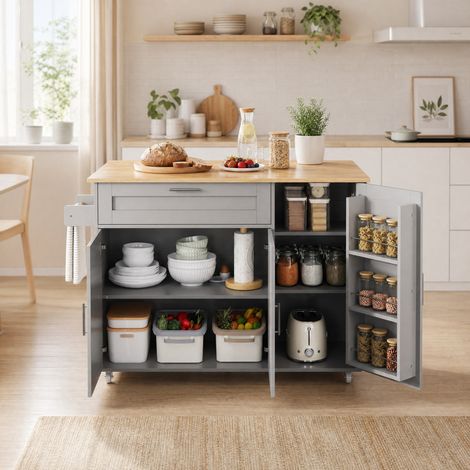 Meuble de cuisine mobile pliable 132,5 x 44(70) x 90 cm, MDF gris, avec roulettes HAVRYA (1/5)