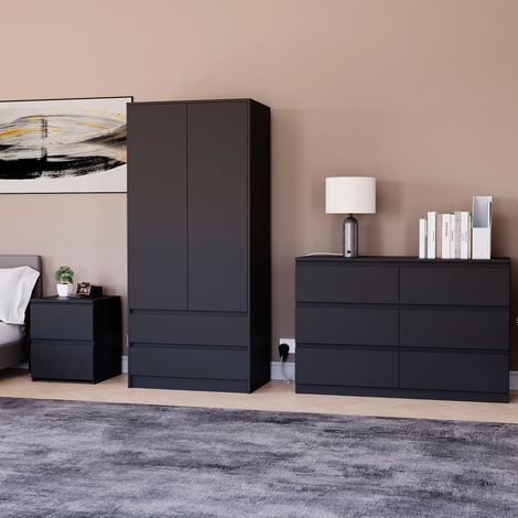 3 Piece Denver Bedroom Set, 2 Drawer Large Bedside Chest, 6 Drawer Chest, 2 Door 2 Drawer Wardrobe, Black (1/2)