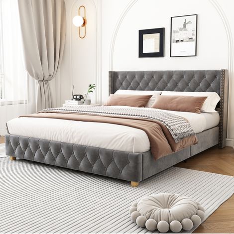 Lit capitonné classique 140x190 cm en velours gris avec tête de lit à boutons, sommier à lattes et pieds renforcés (1/5)