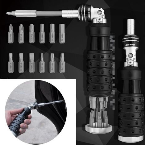 Tournevis 12 en 1, tournevis à cliquet multifonction portable avec tête rotative à 180° et barres d'extension, pour les réparations extérieures et quo (1/5)