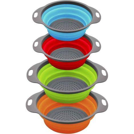 Lot de 4 passoires de cuisine pliables colorées en silicone - Idéal pour égoutter les pates, les légumes (rouge + bleu, orange + vert) (1/4)