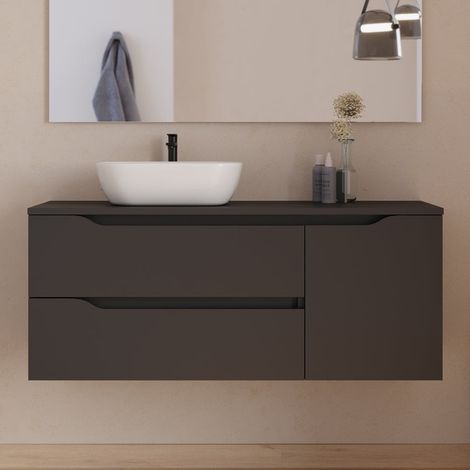 Meuble de salle de bain 120cm avec plateau et vasque à poser déportée à gauche Zeus - sans miroir - 2 tiroirs et un placard - noir - ZARZA (1/5)
