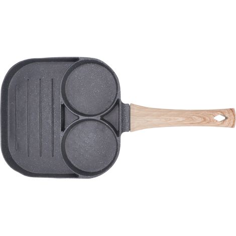 Poêle à œufs ronde à 2 compartiments, antiadhésive, avec manche en bois, compatible avec les plaques à induction et à gaz.