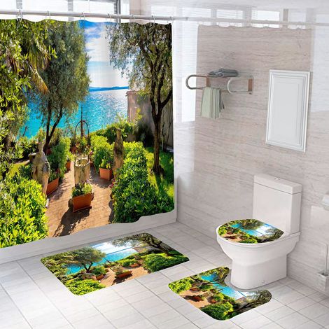 Rideau de douche Forêt enchantée printanière, Rideau de douche féerique, Rideau de douche papillons de jardin, Rideau de bain imperméable à motif dessin animé avec crochets, 4 pièces