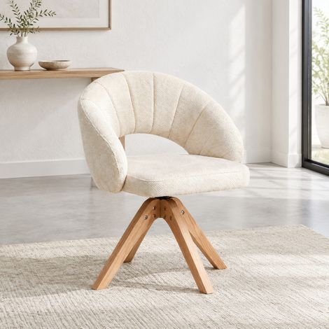 Set di 2 sedie da pranzo girevoli a 360°, tessuto bianco testurizzato, gambe in legno (1/5)