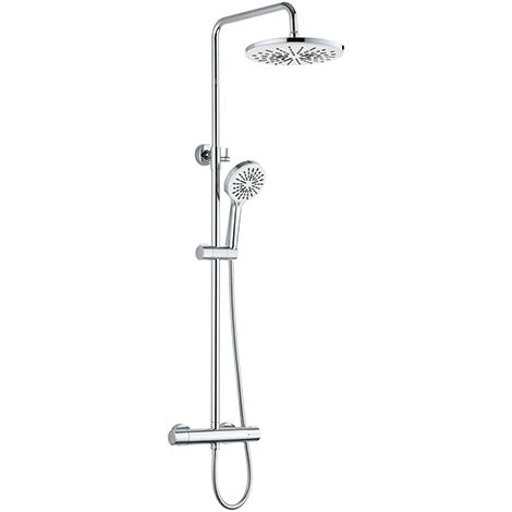 Edouard Rousseau – Colonne de douche thermostatique chromée – Tête Ø 250 mm – Douchette 3 jets – Bras télescopique ajustable – Flexible 1,50 m – Robinet thermostatique corps froid