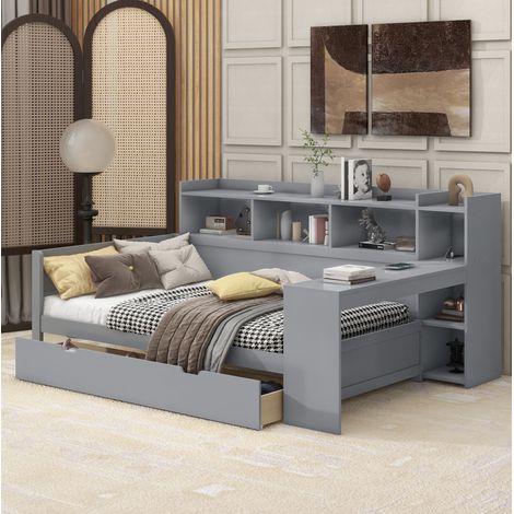 Lit banquette moderne 90x200 cm avec bureau, prise et port USB, 2 tiroirs, rangements intégrés, gris (1/5)