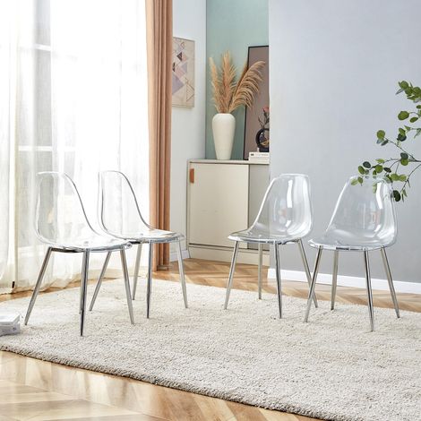 Ensemble de 4 chaises de salle à manger en plastique transparent. Pieds en métal argenté, bureaux, modernes