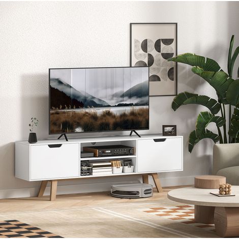 Mobile TV in legno truciolare bianco 150 x 39 x 50 cm con 2 ante, 2 vani aperti e passacavi (1/5)