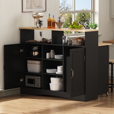 Kücheninsel mit Klappbarer Platte, Rollen, Verstellbaren Böden und 2 Hockern, aus MDF, 110x34-68x97,5 cm, Schwarz