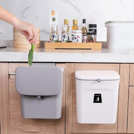 Pattumiera sospesa con coperchio per anta del mobile da cucina o sotto il lavello, contenitore per compost da cucina da banco, pattumiera montabile, grigio