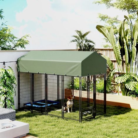 Enclos extérieur pour chien en acier avec toit en tissu Oxford, anti-UV, imperméable, 2 gamelles, vert (1/5)