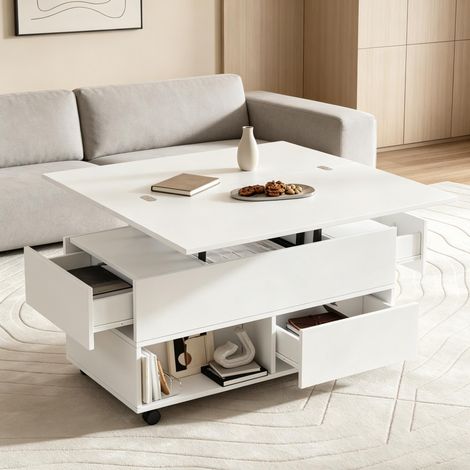 Table basse en panneau de particules blanc 100 x 50 x 52 cm, relevable, 4 tiroirs, 4 roulettes (1/5)