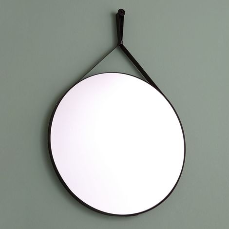 Specchio bagno rotondo con laccio pelle nera (1/4)