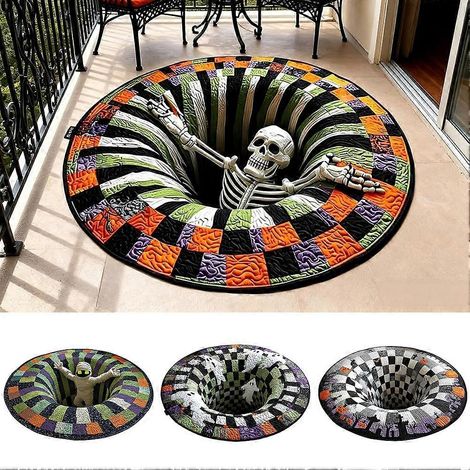 Tapis d'Halloween rond rembourré 3D squelette-vortex antidérapant grand format idéal pour la décoration intérieure et le salon - 80 cm - C (1/4)